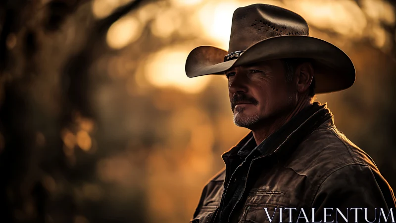Middle‑aged man in cowboy hat against blurred sunset field.