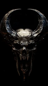 Horned metallic skull design on black background, centered.