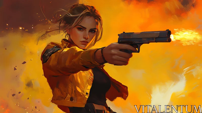 Female subject extends handgun amid stylized fire burst