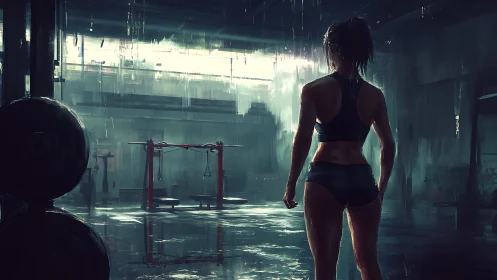 Backlit athlete in rain soaked industrial training gym interior