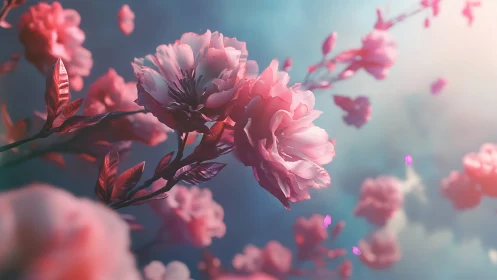 Pink Blooms Against Soft Blue Gradient Sky.