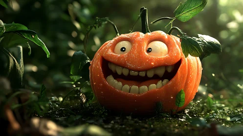 Hyperreal 3D smiling pumpkin character in dewy forest clearing