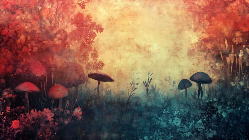 Mystic forest mushrooms glow under warm twilight haze.