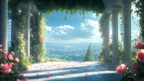 Rose-draped hilltop veranda kissing a cloud-bright horizon.