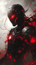 Humanoid combat android with red illuminated circuitry profile.