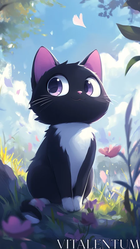 Black kitten with violet eyes in luminous flower meadow.