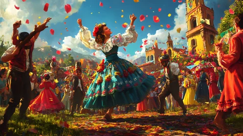 Sunlit village fiesta swirling in petals and bright joy.