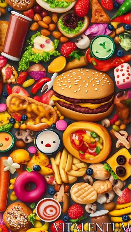 Vibrant fast food and sweets pattern bursts with bold color.