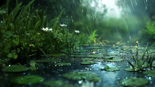 Rainlit lily pond where quiet raindrops compose a lullaby.