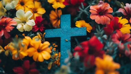 Blue cross stands centered among dense colorful flowers