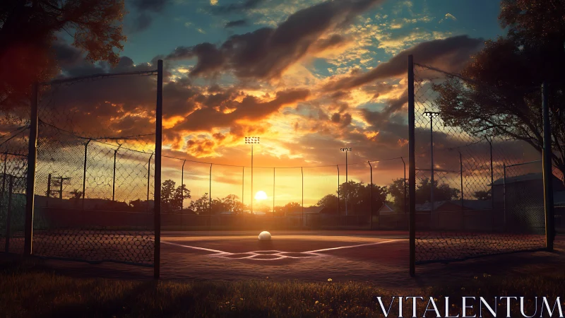 Sunset crowns the quiet baseball diamond with expectant glow