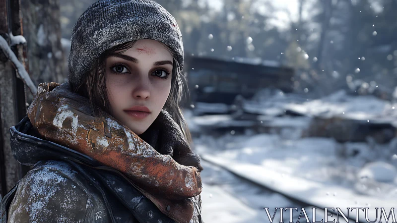 Young survivor in snowy rail yard rendered in photoreal detail