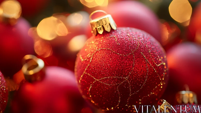 Shimmering red Christmas baubles glow in soft golden light