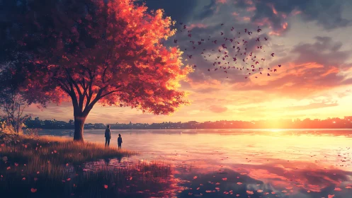 Sunset lakeshore under crimson maple with silhouetted figures