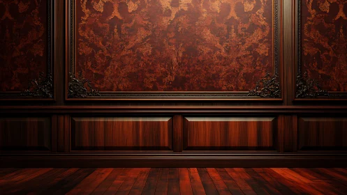 Luxurious wood paneled wall with ornate red damask finish.