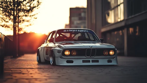 Sunset-slammed classic racer prowls the quiet city canyon.