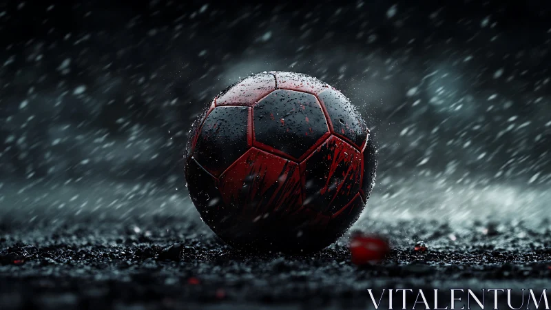 Rain-soaked black and red soccer ball on textured wet asphalt