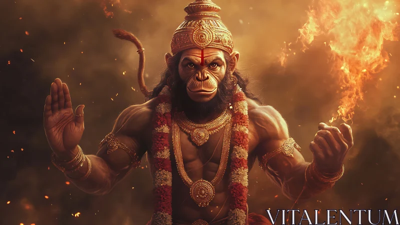 Mythical monkey warrior holds fire in cinematic lighting