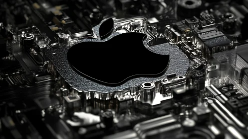 Midnight apple emblem pulsing at the heart of chrome circuits.