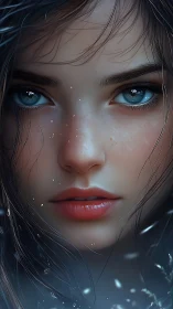 Icy blue gaze emerges from misty, rain‑kissed shadows.