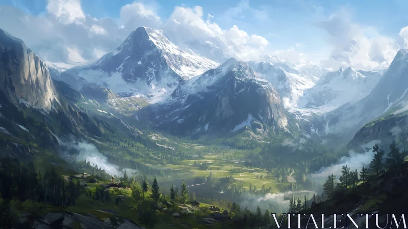 Digital painting of alpine valley vista with snow-capped peaks.
