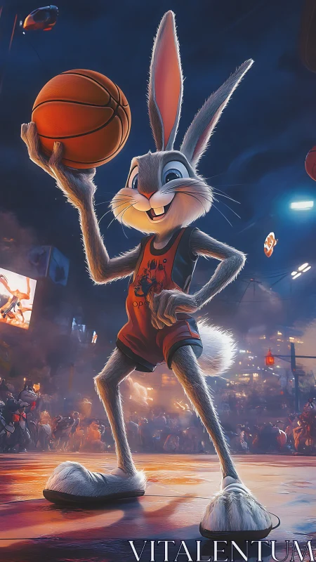 Energetic cartoon rabbit poised for nighttime street basketball.
