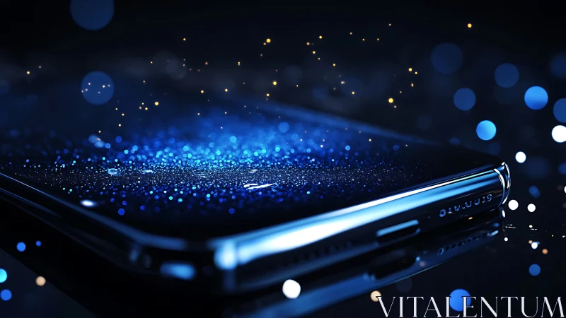 Macro smartphone closeup with glowing digital bokeh field.