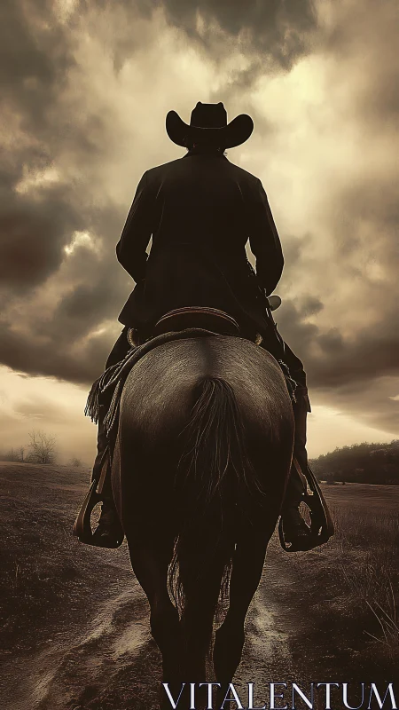 Silhouetted rider on horseback moves forward under cloudy sky