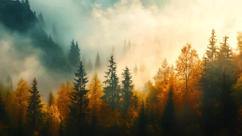 Golden Forest Emerges from Morning Mist.