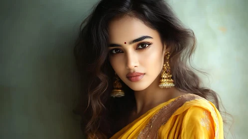 High-fidelity portrait of woman in saffron sari with jhumkas.