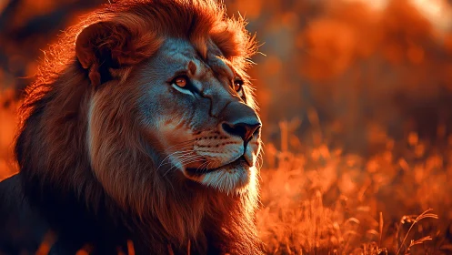 Male lion portrait in warm sunset-toned savanna field.