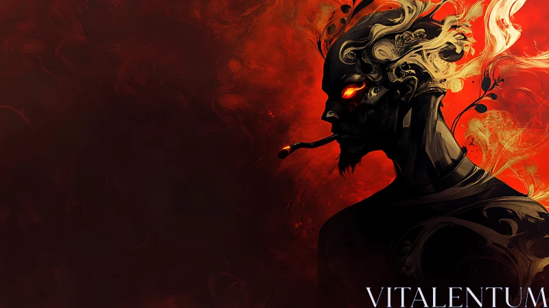 Flaming humanoid silhouette exhales fire against red void