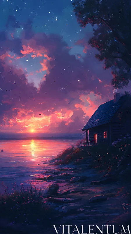 Lakeside cabin glows warmly beneath a vibrant twilight sky