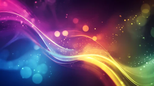 Colorful abstract light waves on dark gradient background.