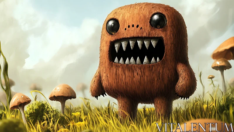 Furry brown creature with sharp teeth in mushroom field.