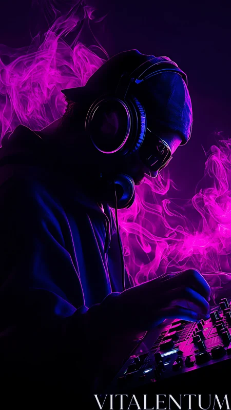 DJ silhouette mixing tracks beside vivid pink smoke effects