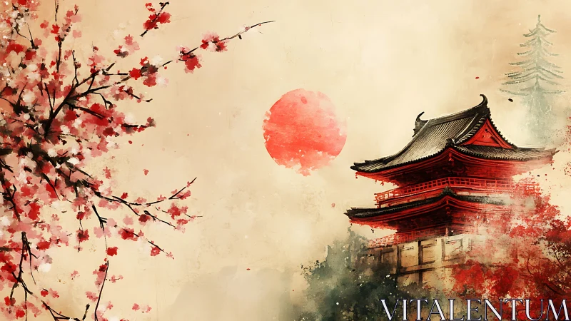 Watercolor-rendered pagoda and sakura branches under diffuse sun