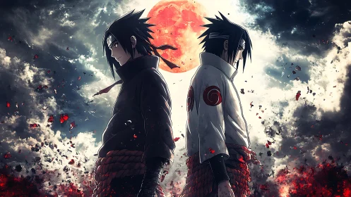 Anime dual-character confrontation under blood-red moon symmetry.