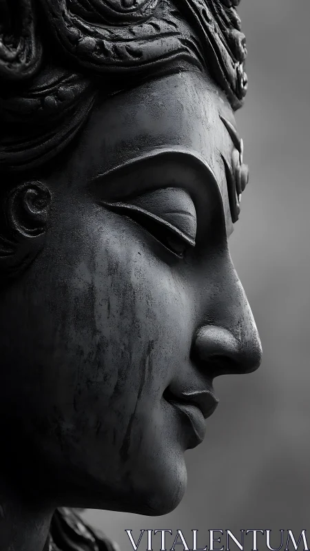 Serene side profile of a weathered stone deity statue in gray.