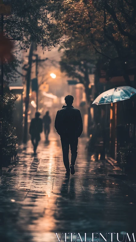 Solitary figure walking down rainy city street at night.