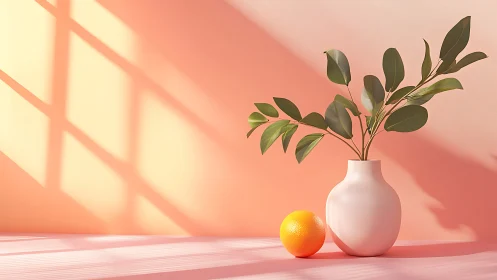 Soft sunlight warms a leafy vase and bright citrus fruit