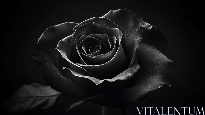 Monochrome close-up of a single rose in soft lighting.