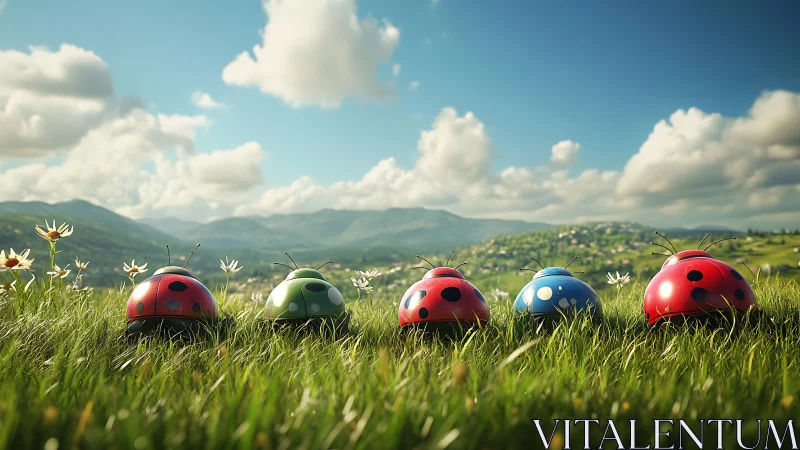 Colorful toy ladybugs sit on grassy hill facing distant valley
