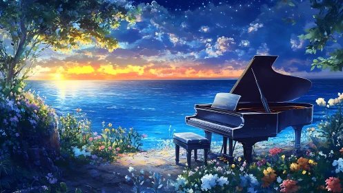 Grand piano awaits nightfall beside a glowing ocean sunset
