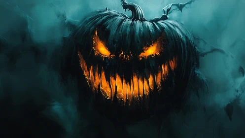 Glowing carved pumpkin face in dark misty atmosphere.