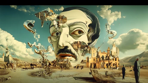 Surreal desert cityscape frames fragmented colossal face