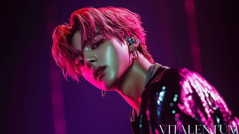 Neon stage idol bathed in electric magenta spotlight glow.