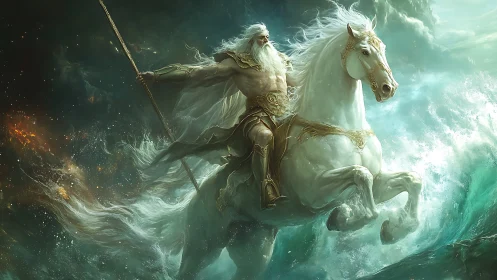 Mythic sea figure on armored white horse amid waves.