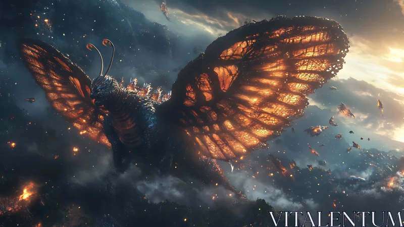 Colossal glowing moth kaiju over smoky battlefield sky.