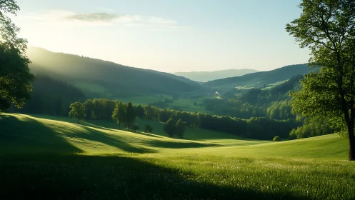 Sunlit valley meadow rolls toward distant forested hills